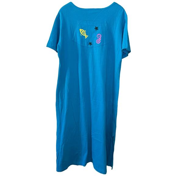 Cover Charge Vintage Beach Summer Colorful Fish Print Blue Short Sleeve Maxi L - Picture 2 of 6